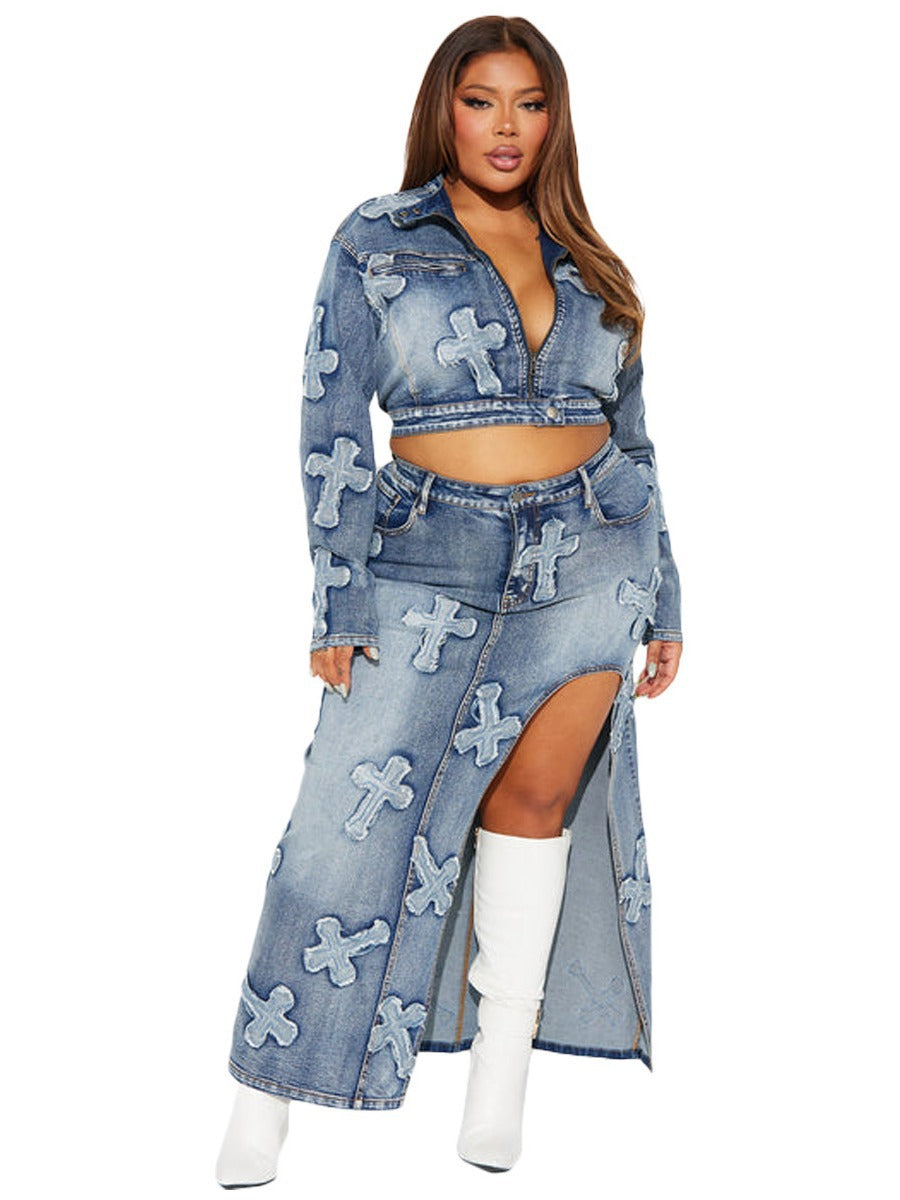 Women's Fashion Sexy High Stretch Embroidered Washed Denim Two Piece Skirt Set 6