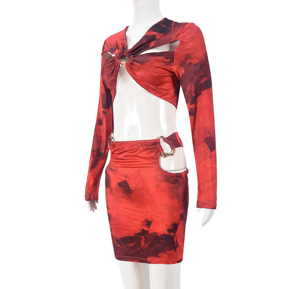 Women's Autumn Winter Printed Hollow Metal Ring Crop Long Sleeve Top Short Skirt Two-Piece Set 7