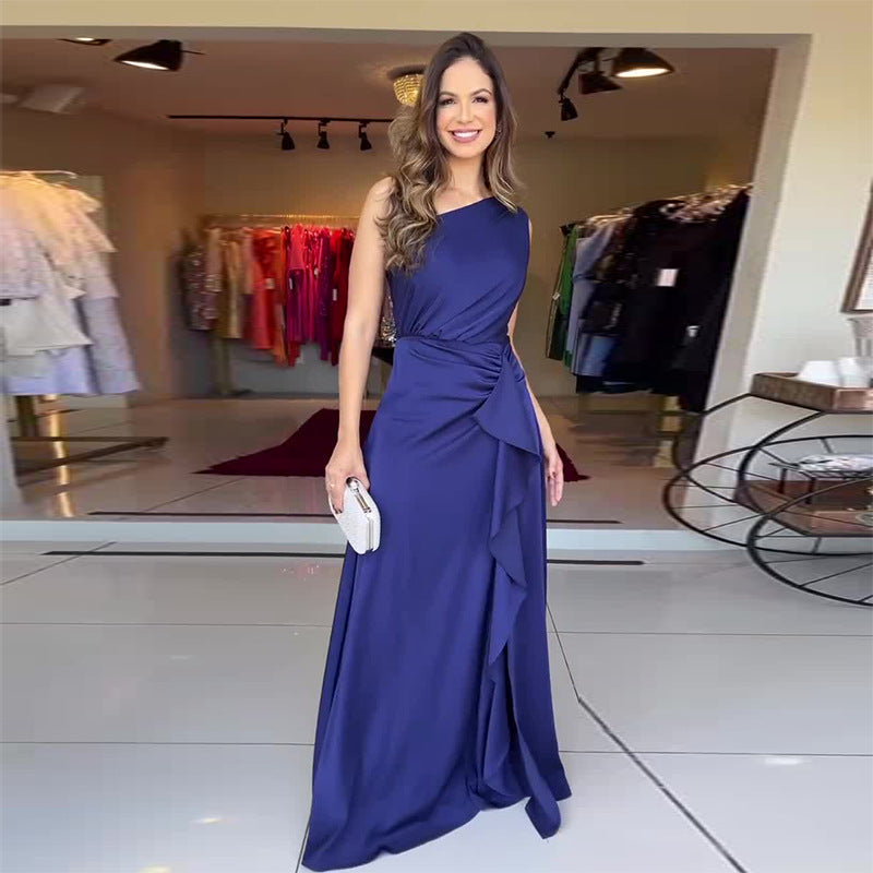 Summer Solid Color Fashion Slash Shoulder Slim Waist Chic Elegant Dress 3