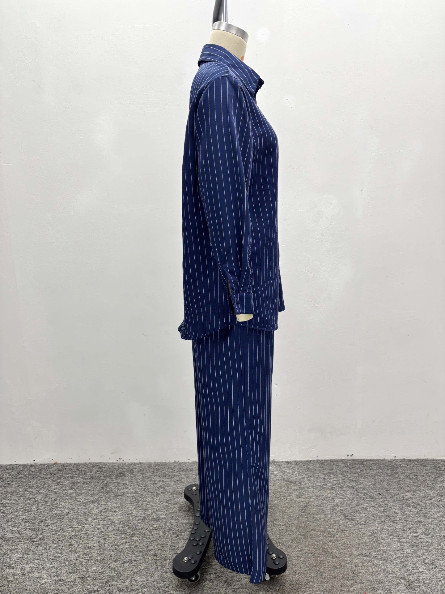 Women French Stripe Casual Long Sleeve Shirt Pants Two-piece Set 5