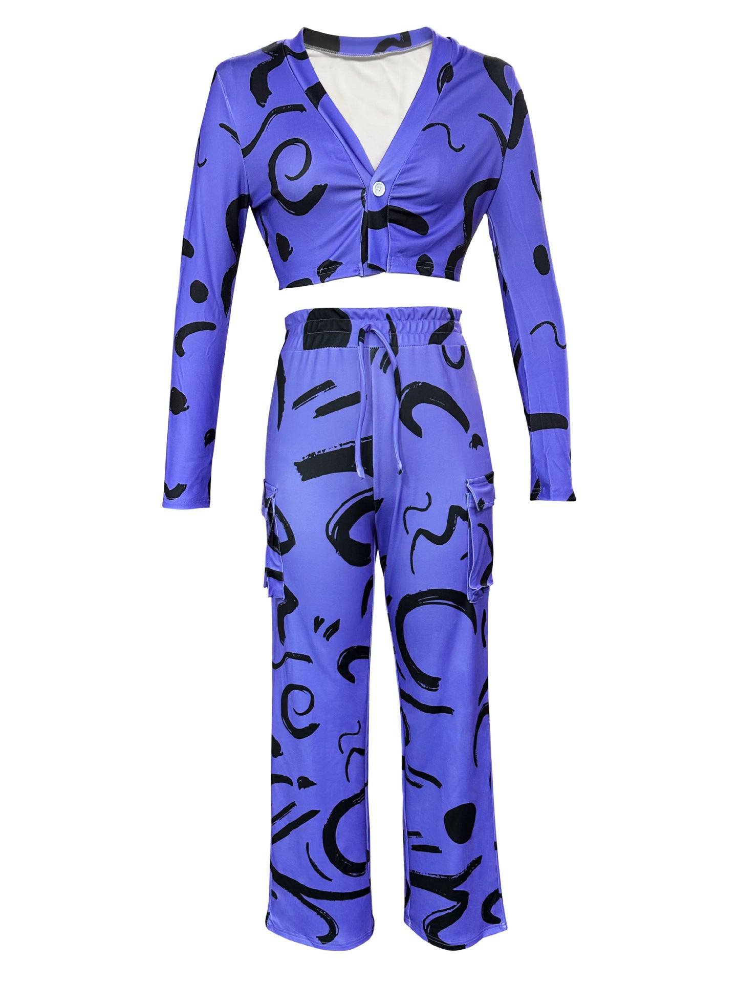 Women Autumn and Winter Geometric Line Print Casual Sexy Short Top and Pant Two-piece Set 20