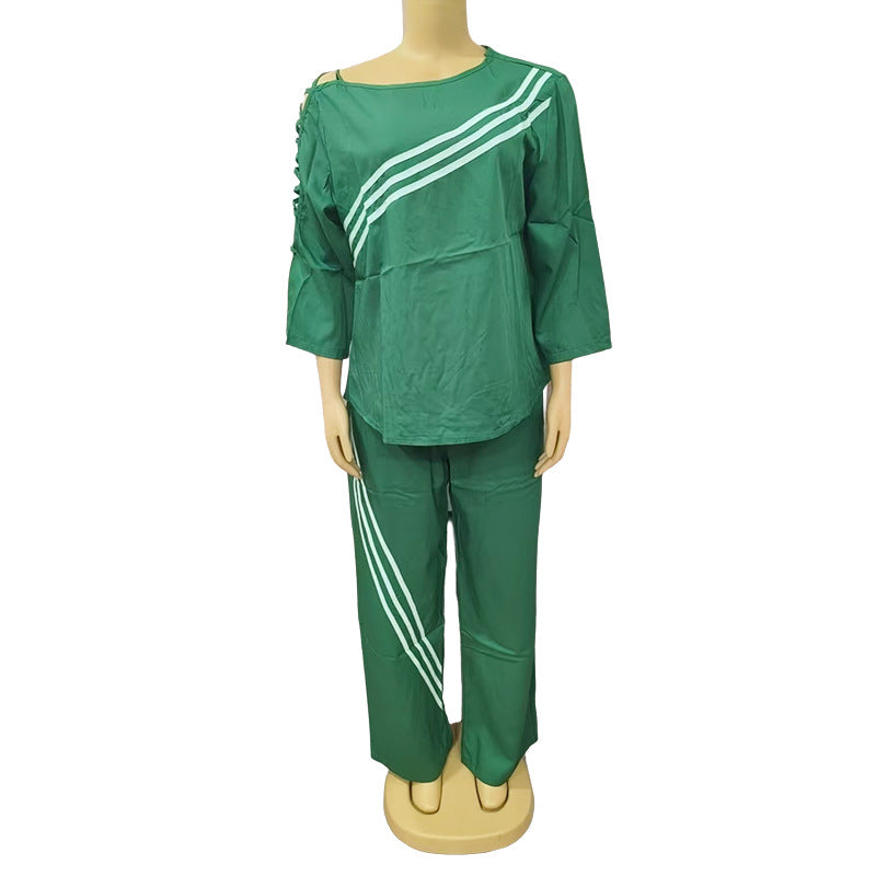 Women Twill color matching Casual Top and trousers Two Piece Set 9