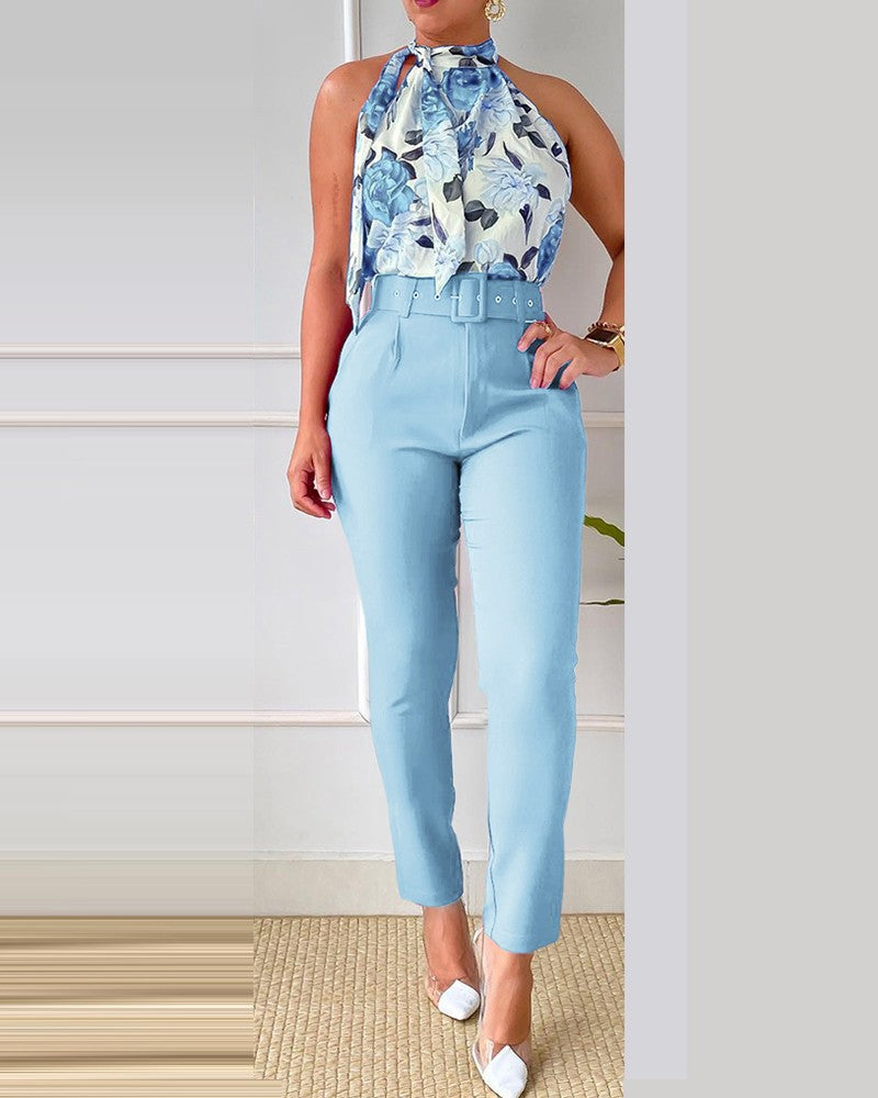 Spring Print Fashion Casual Elegant Sleeveless Two Piece Pants Suit 8