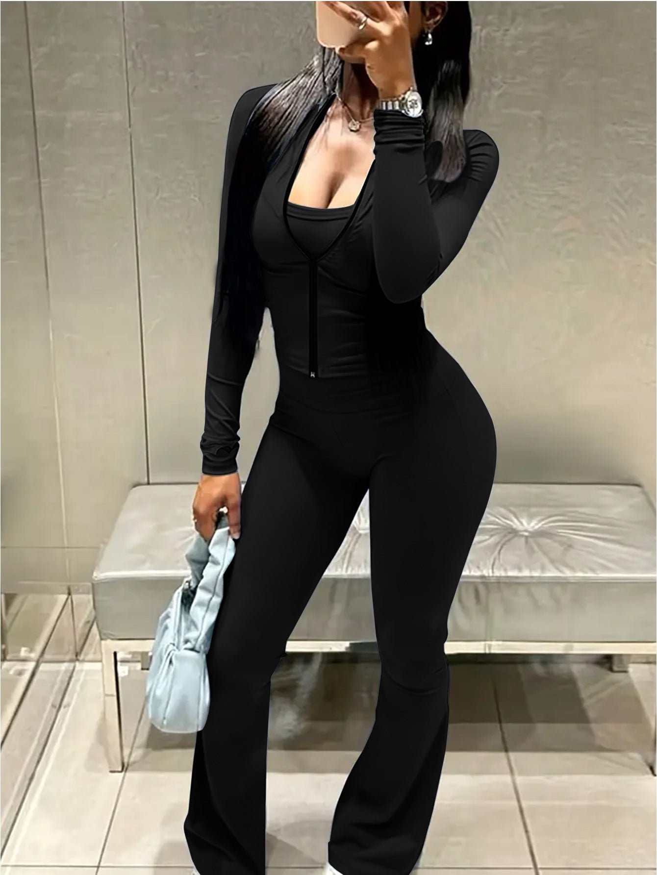 Women Casual Top and Bell Bottom Long Pants Two Piece Set 11