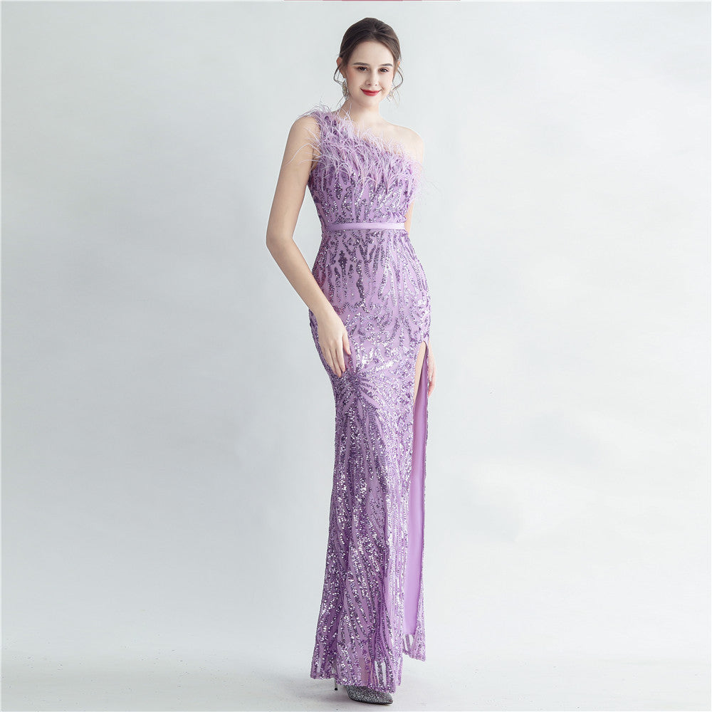 Women Ostrich Beamed Slash Shoulder Side Slit Evening Dress 13