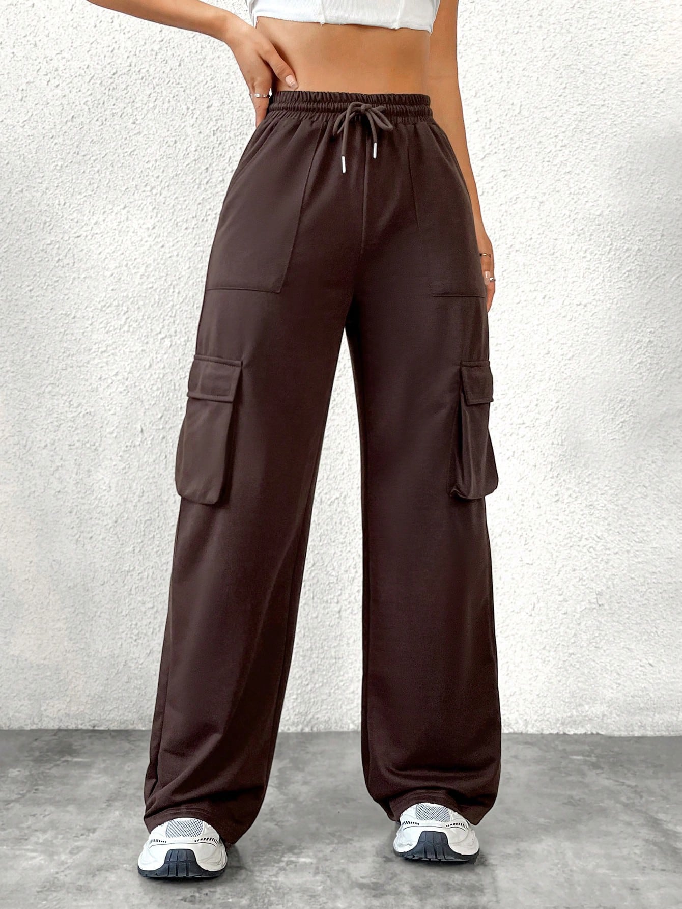 Women Solid Drawstring Casual Cargo Pants 7