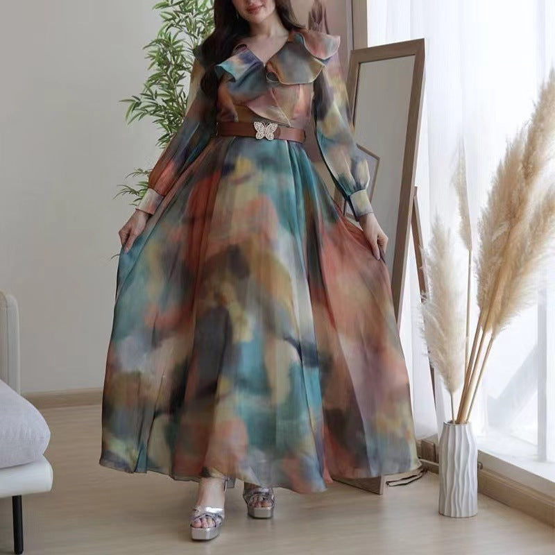 Spring Summer Print Mesh V-Neck Long Dress Plus Size Women's Dress 4