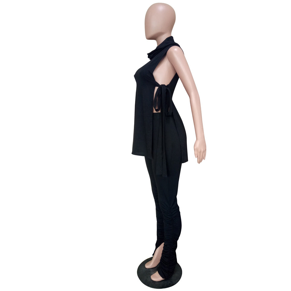 Women's Spring Summer Fashion Sexy Solid Side Lace-Up Two-Piece Pants Set 9