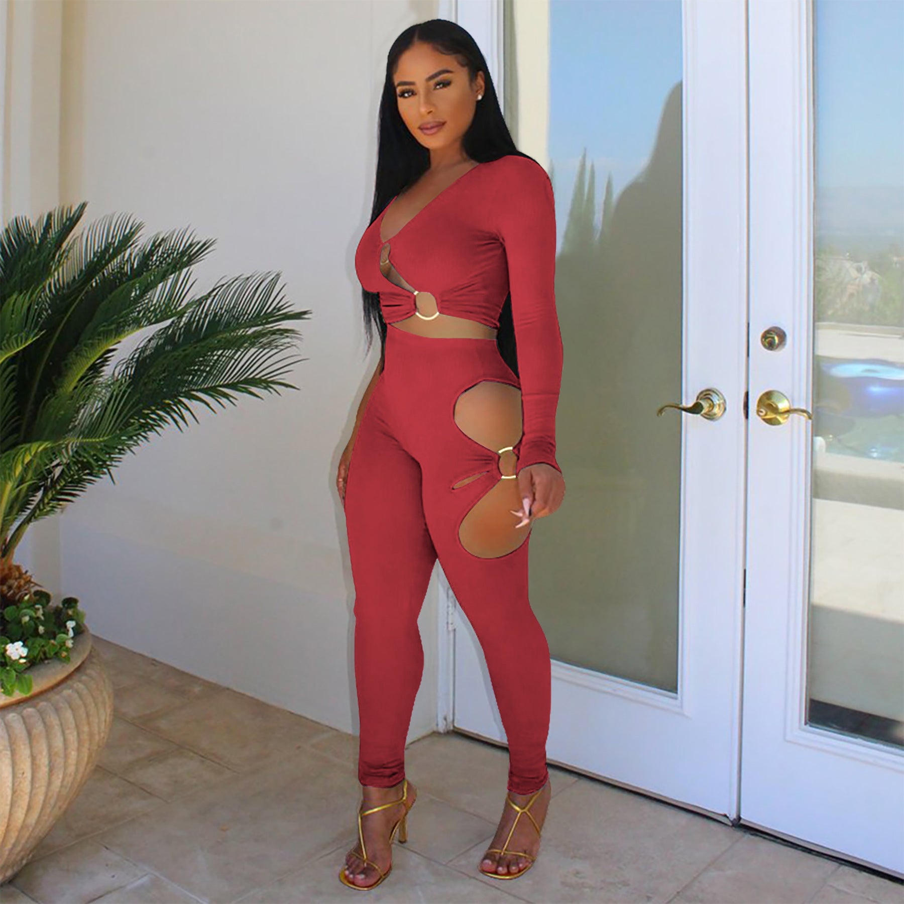 Fashionable Women's Solid Color High-Stretch Ribbed Sexy V-Neck Two-Piece Pants Set 38