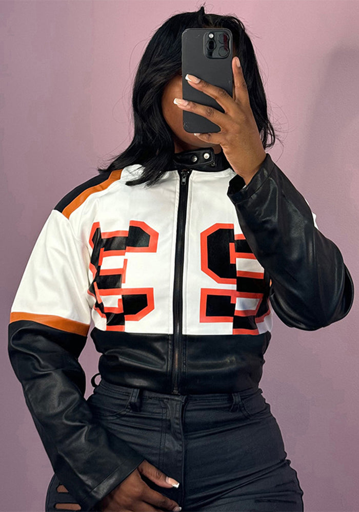 Winter Women's Fashion Sexy High Collar Zipper Contrast Color Pu Leather Jacket