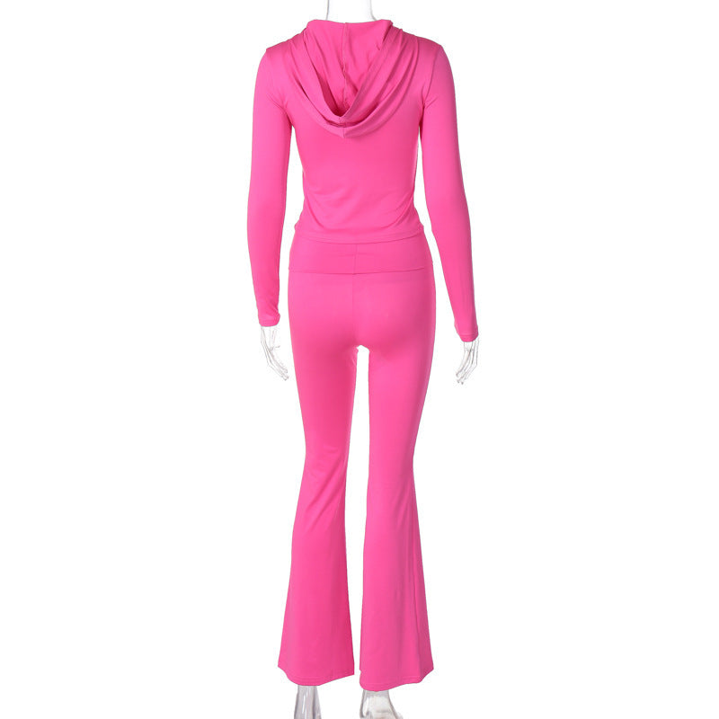 Women's autumn and winter zipper long sleeve hooded top Bell Bottom pants fashion Casual two piece set 28