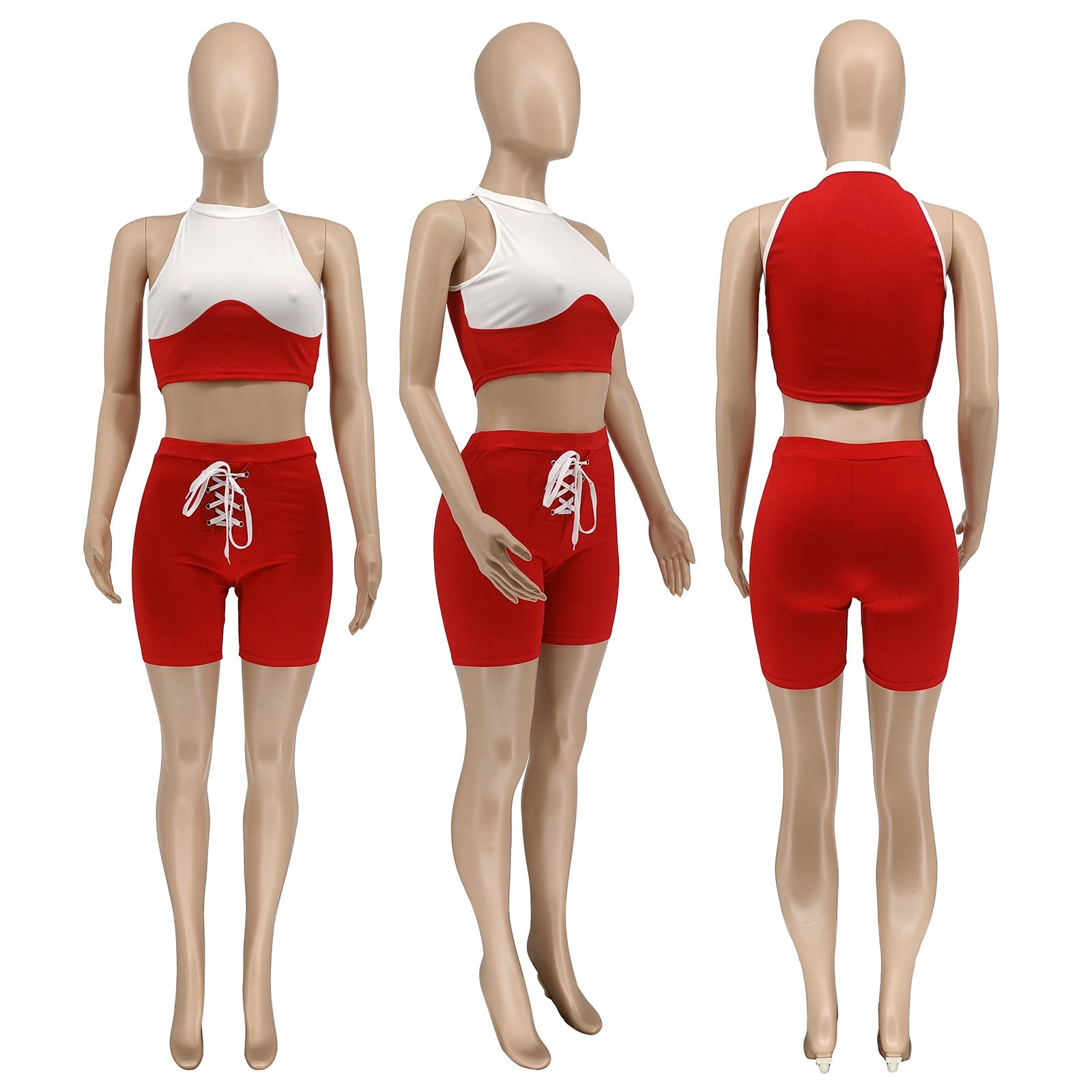 Summer Sexy Solid Colorblock Knitted Crop Top Shorts Two-Piece Set 16