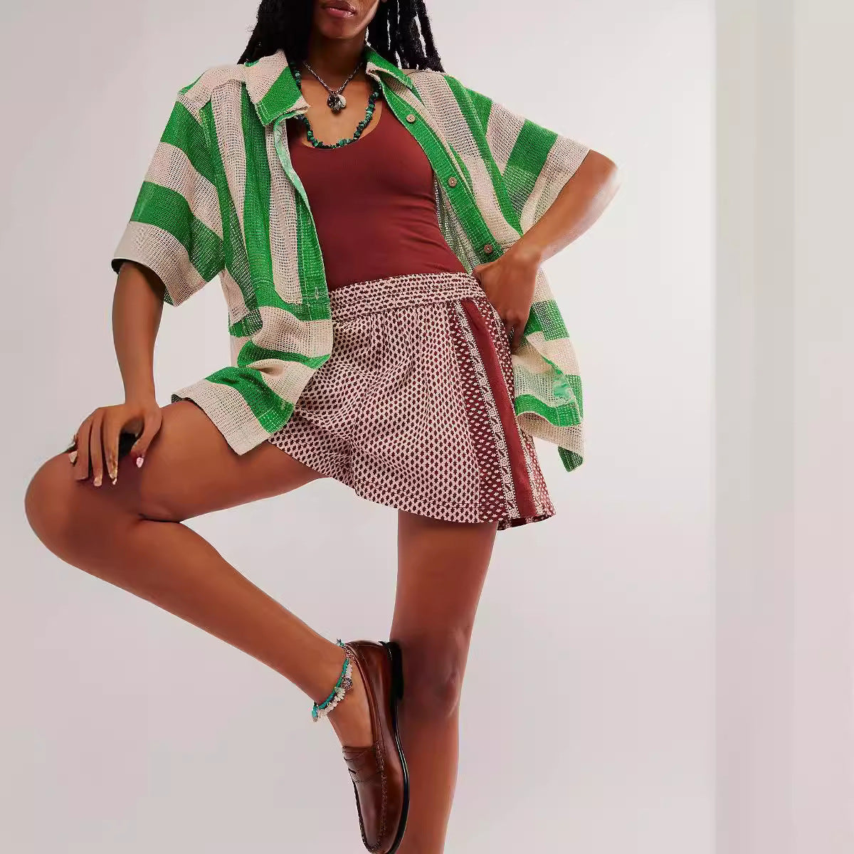 Women Striped Plaid Casual Shorts 7