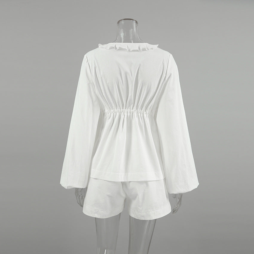 Summer Comfortable Style Sexy White V-Neck Slim Waist Lace-Up Long-Sleeved Top Shorts Linen Ruffle Two Piece Set 8