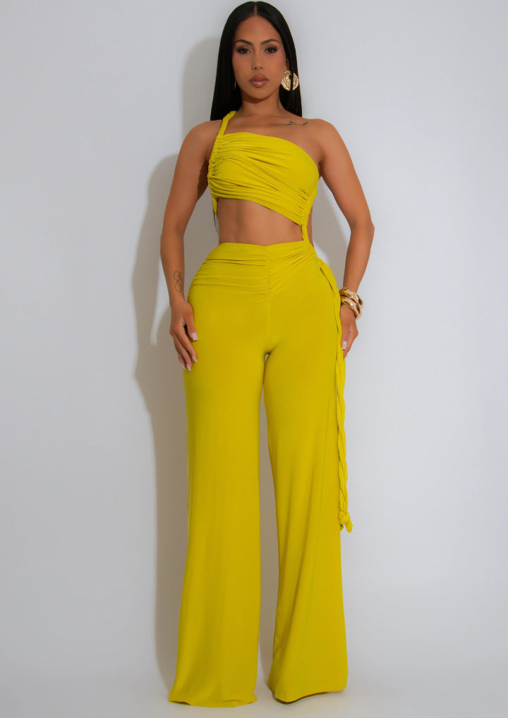 Women Halter Neck Strapless gathered tie rope wide leg jumpsuit 3