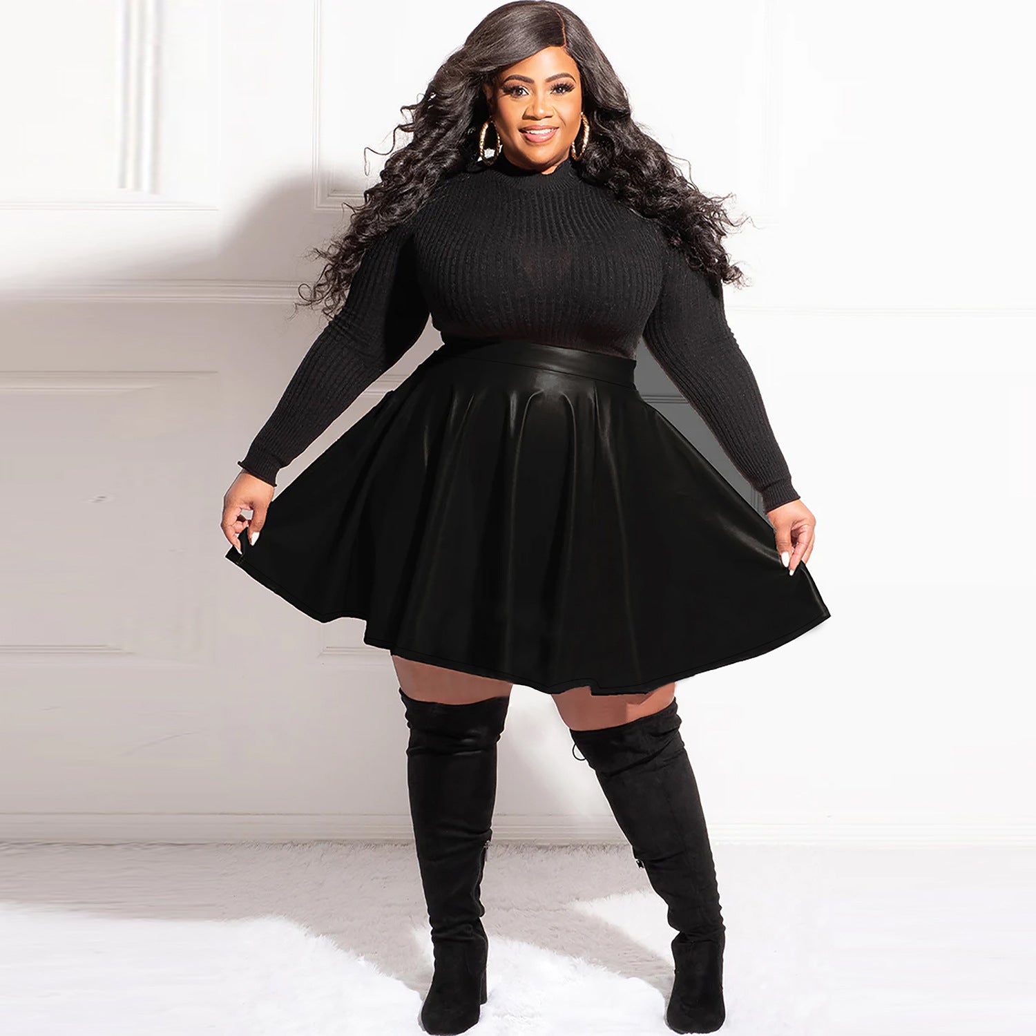 Plus Size High Waist Slim A-line Pleated Pu Leather Skirt