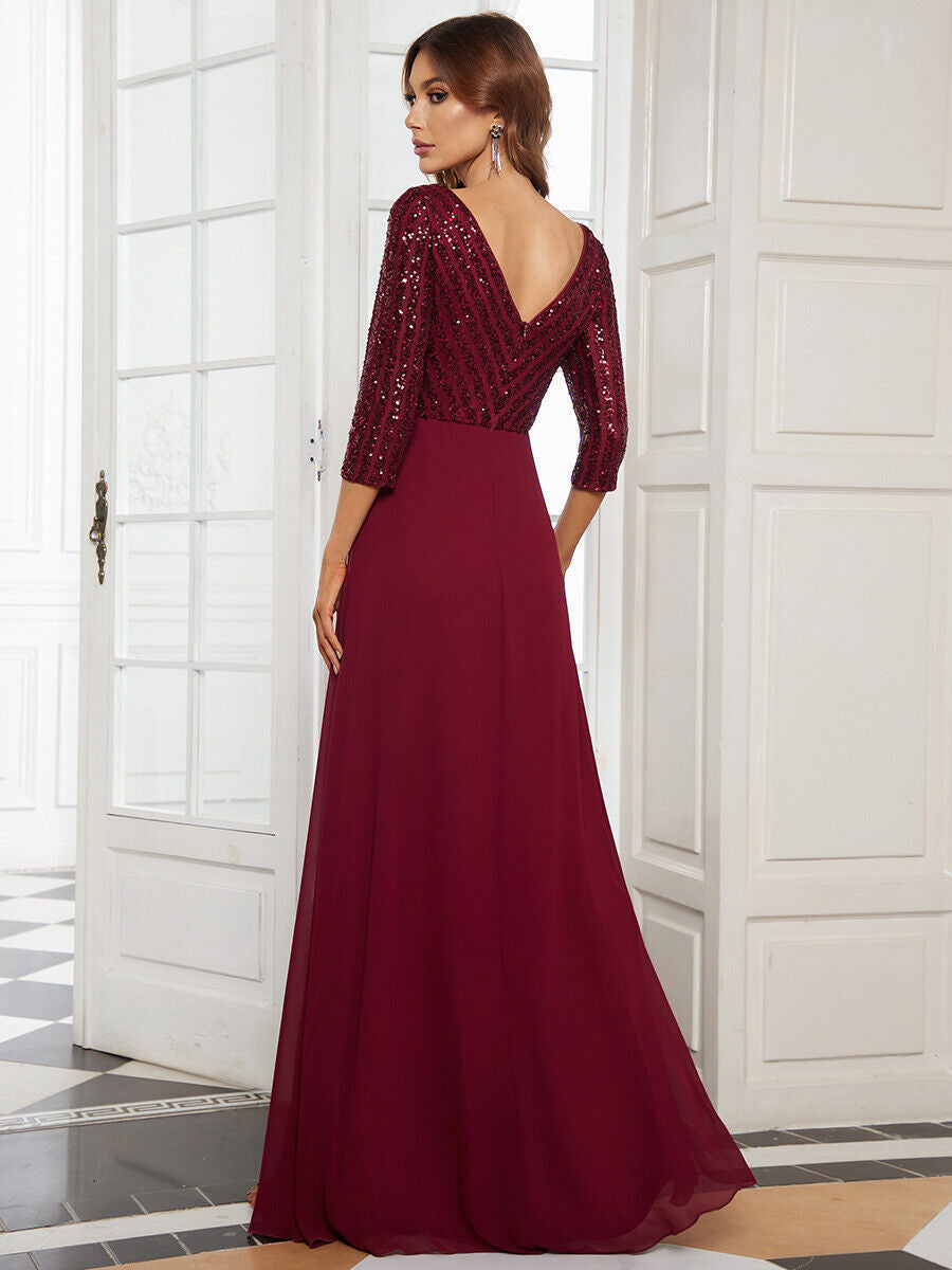 Women chiffon V-neck sequin Patchwork long-sleeved Evening dress 4