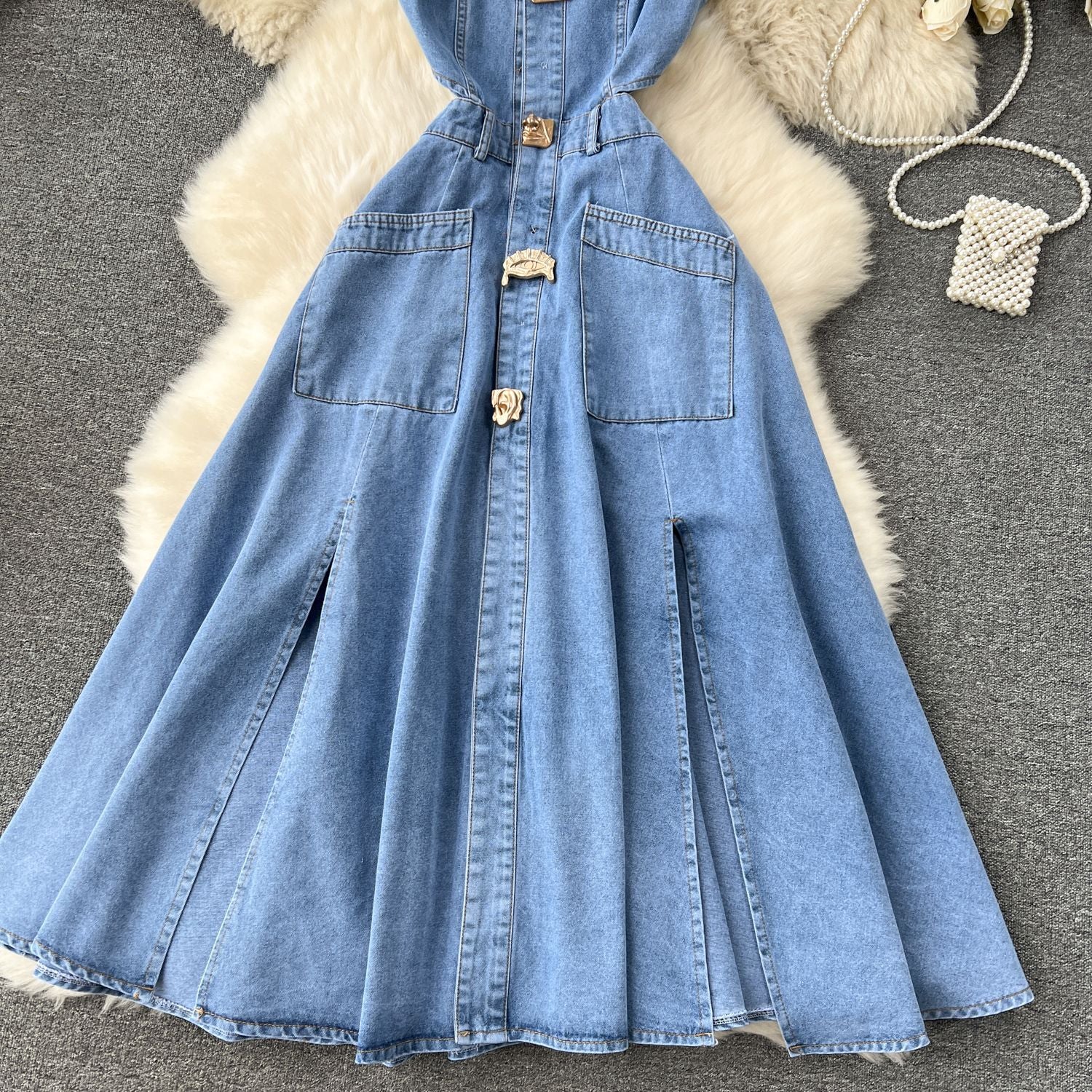 Sleeveless Turn Down Collar Sheer Waist Cut Out Denim Dress 6