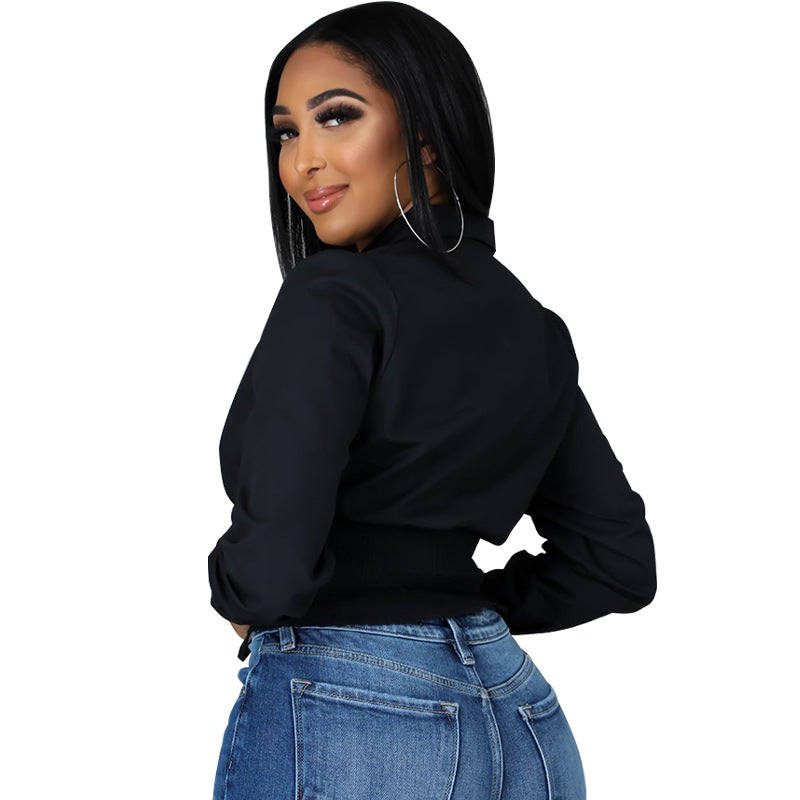 Women French Long Sleeve Casual Solid Turndown Collar Shirt 10