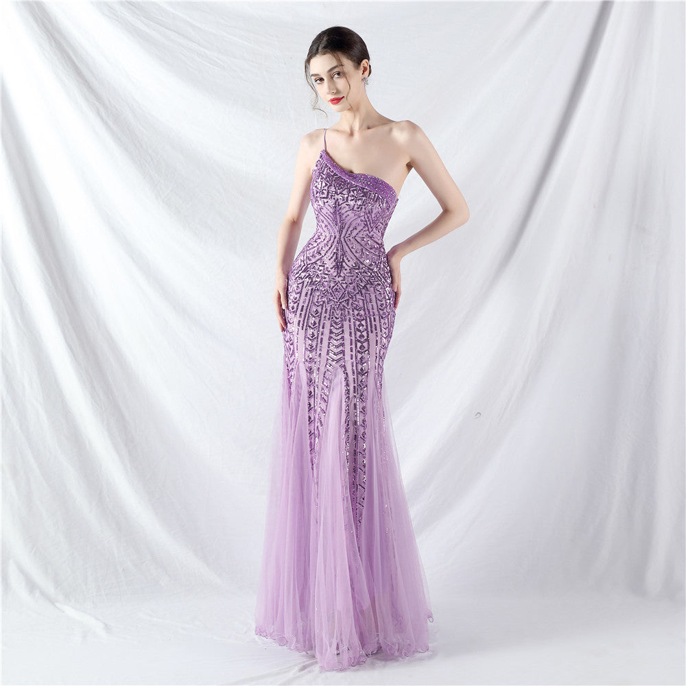 Sexy One Shoulder Sequins Mesh Patchwork Evening Dress 6