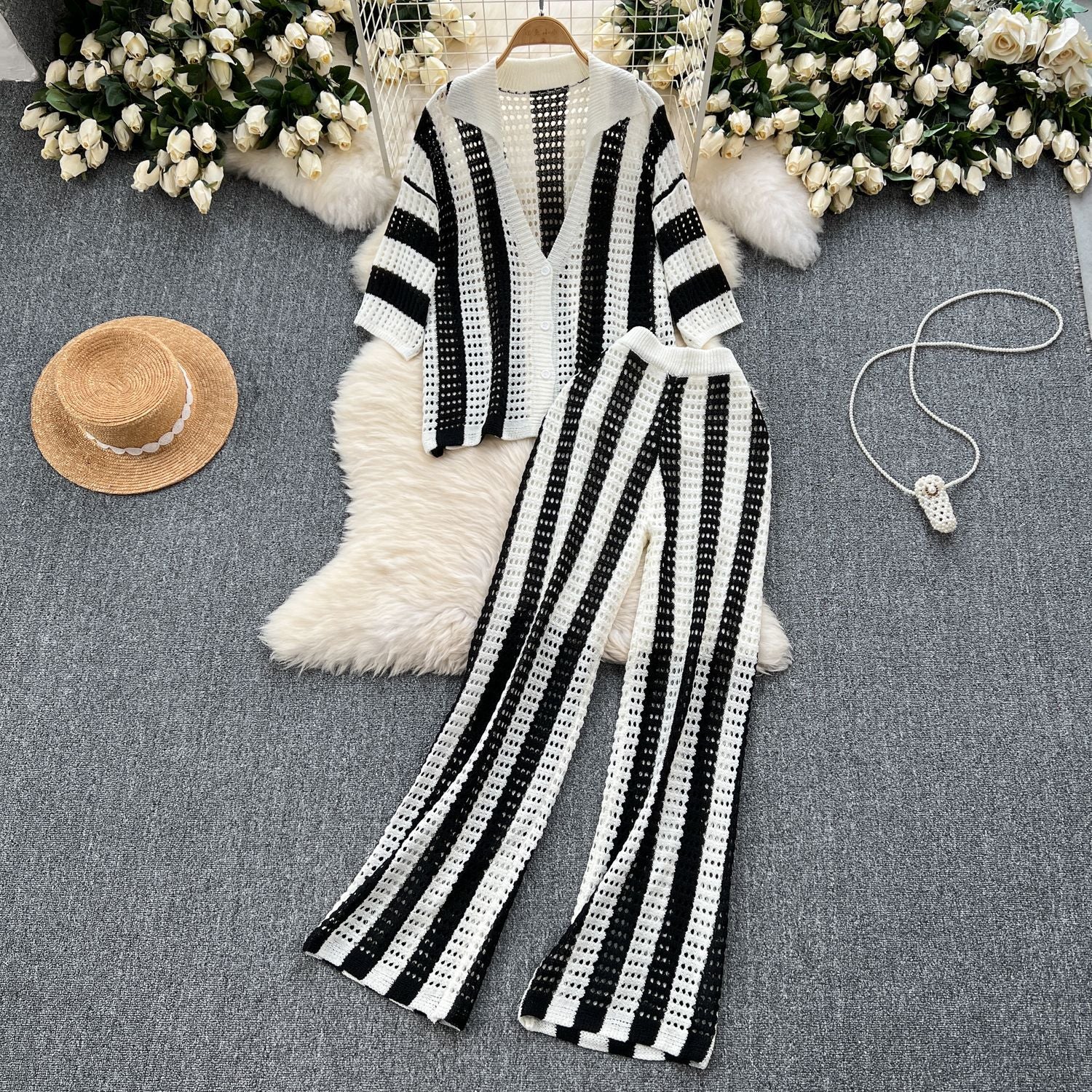 Women's Summer V-Neck Loose Knit Cardigan Top + Wide-Leg Pants Set Color-Block Striped Hollow-Out Outfit 10