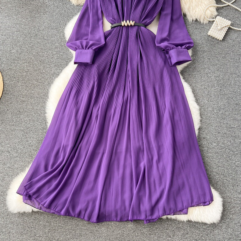 Spring Women's Bow Pleated Chiffon Puff Sleeve Long Dress 26