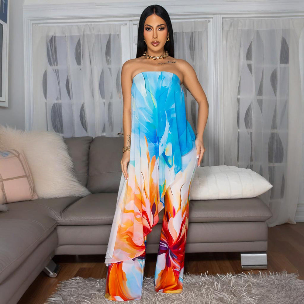 Women Printed Strapless Top and Long Pants Two-Piece Set