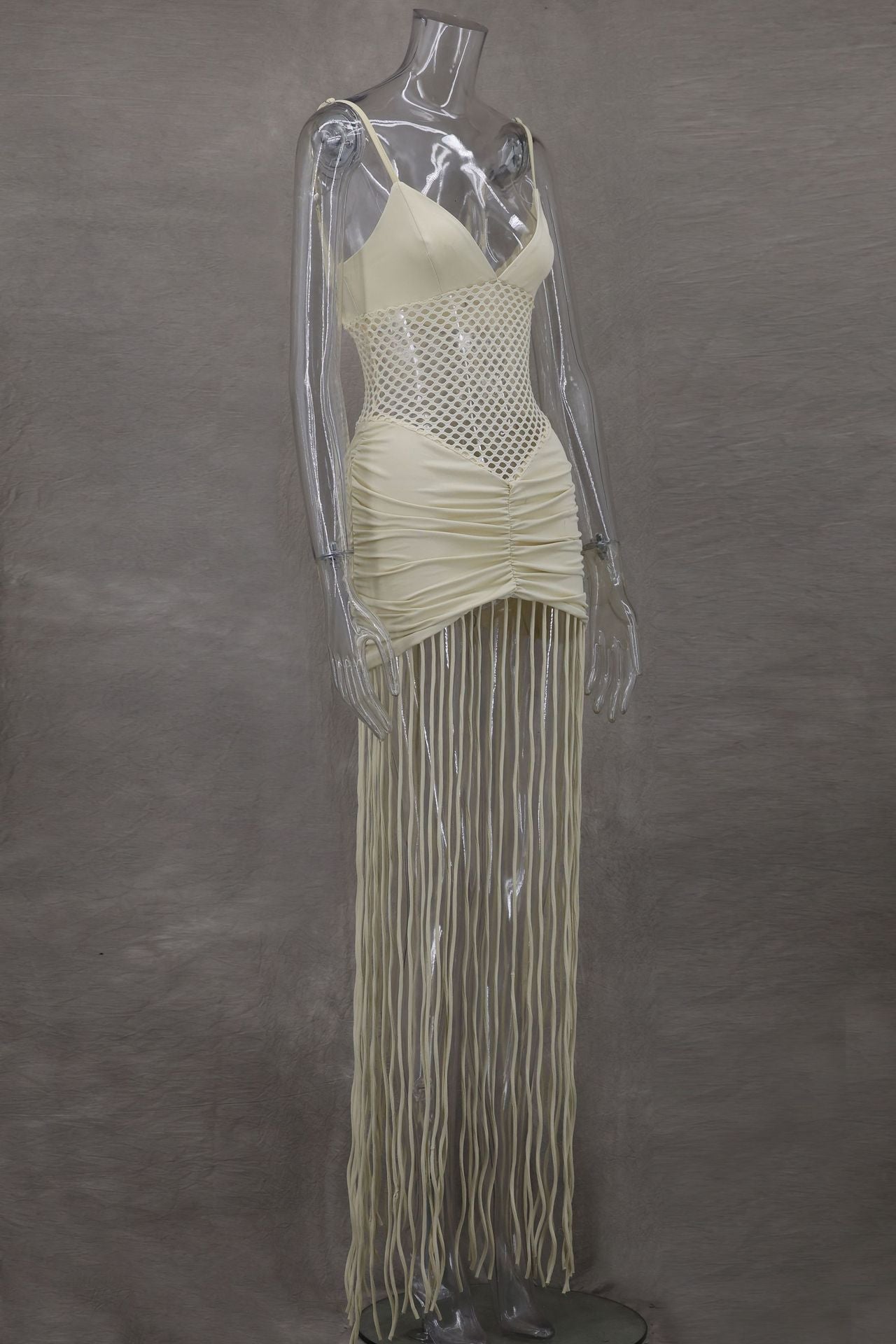 Spring Summer Fashion Strappy Mesh Open Waist Sexy Pleated Bodycon Fringe Dress 9