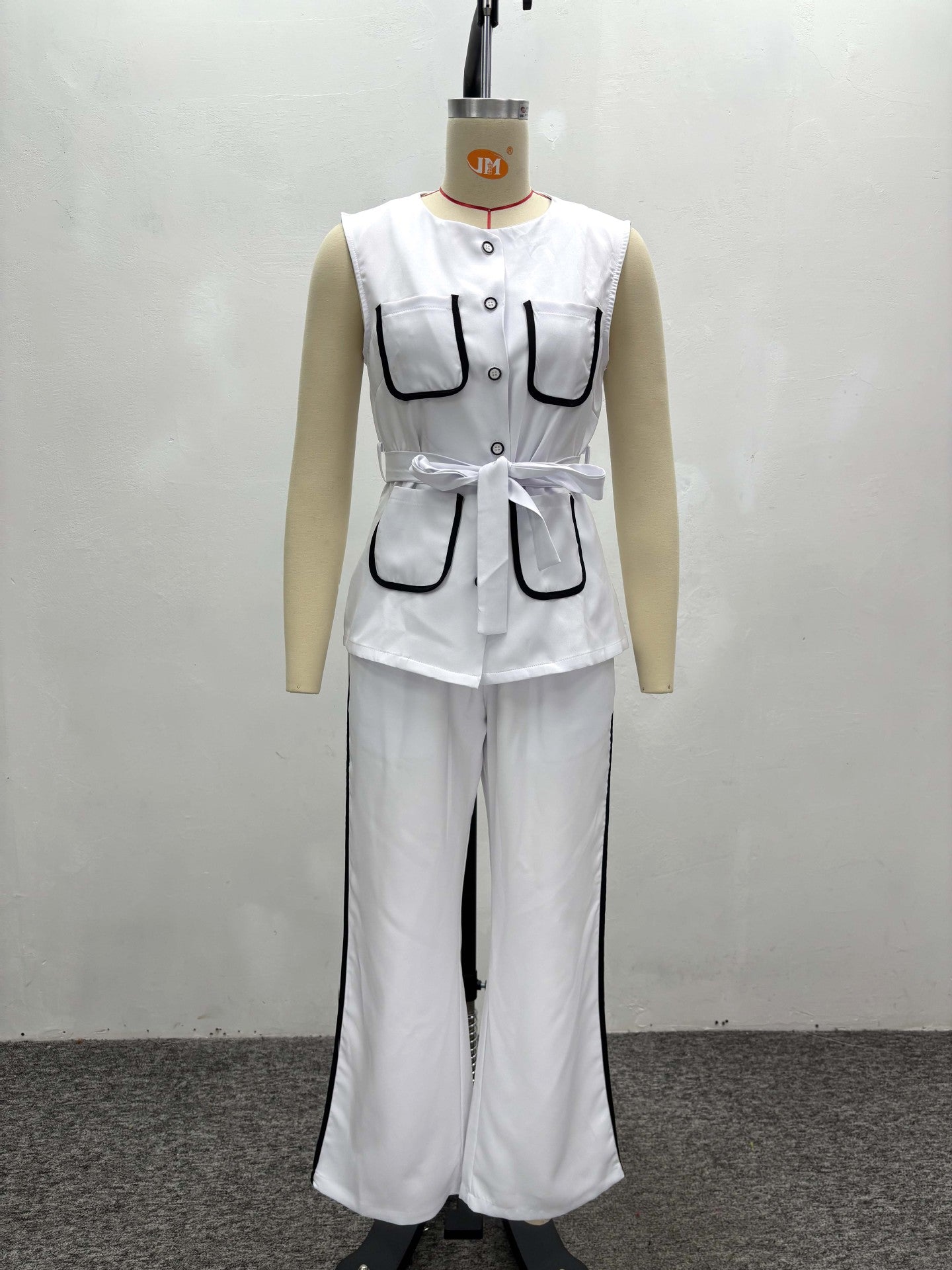 Contrast Color Pocket Chic Elegant Belt Vest & Pants African Women's Two-Piece Set 8