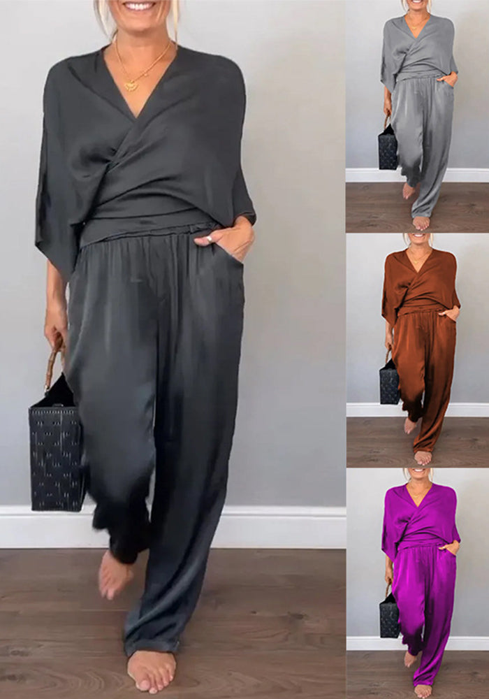 Summer Women's Solid Satin Short Sleeve Top & Pants Set