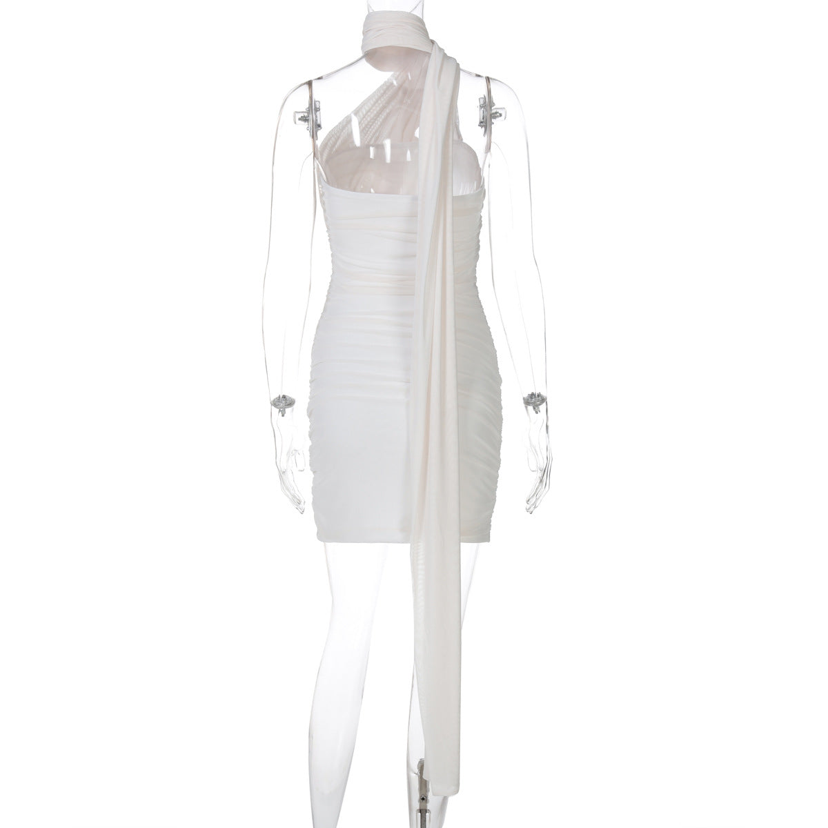 Summer Mesh Patchwork Ribbon Halter Neck Solid Color Bodycon Dress for Women 11