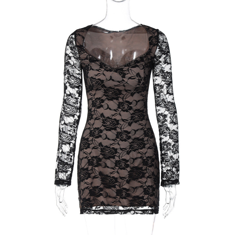 Women's Autumn American Fashion Lace Printed U-Neck Long Sleeve Bodycon Dress 8