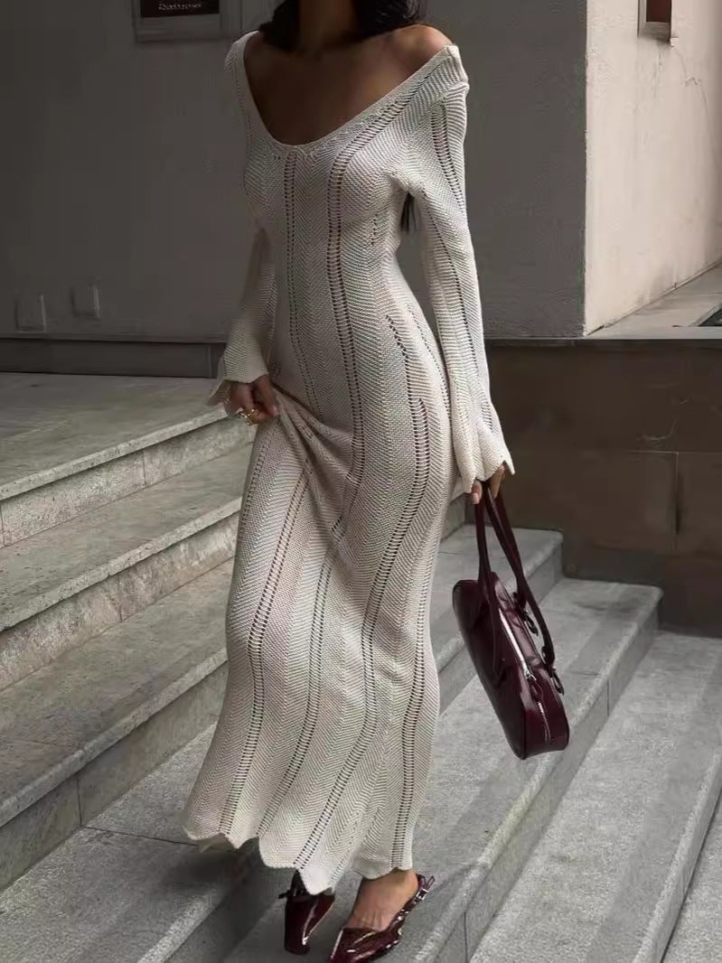 Autumn and winter women's fashion hollow solid color knitting Holidays long dress 6