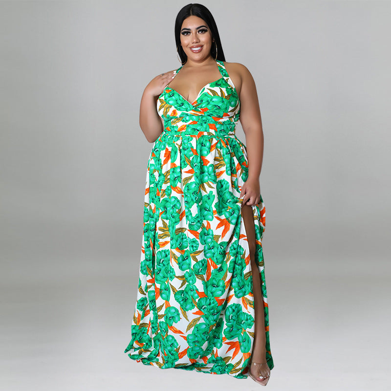 Plus Size Women's Summer Sexy Halter Low Back Print Slit Maxi Dress