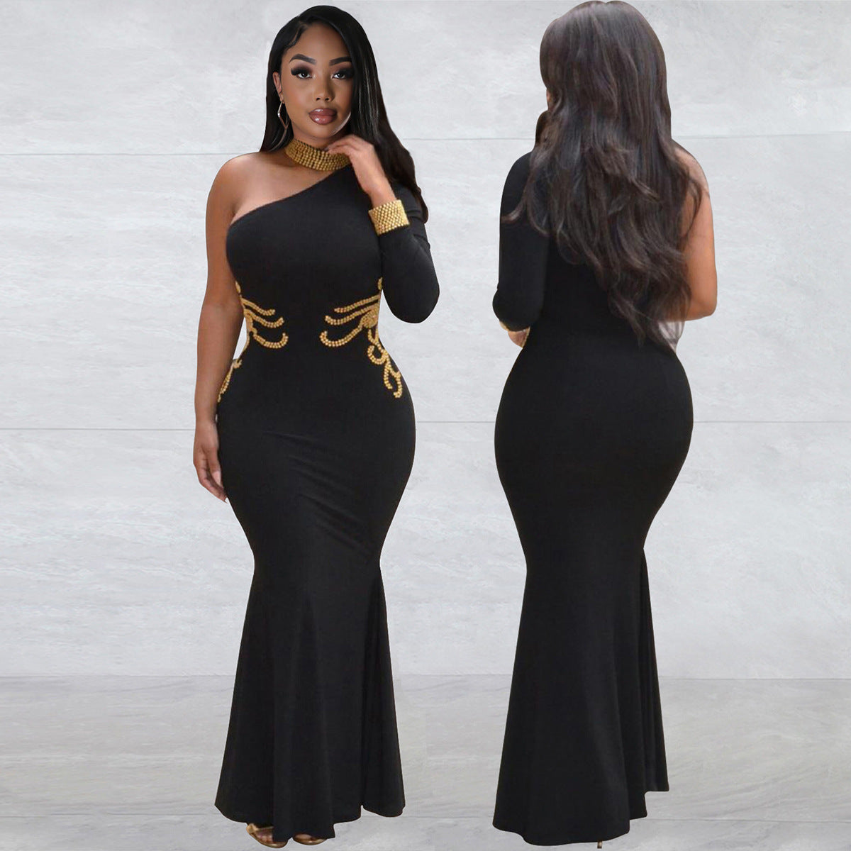 Women Black Halter Neck Beaded One Shoulder Long Sleeve Ball Dress