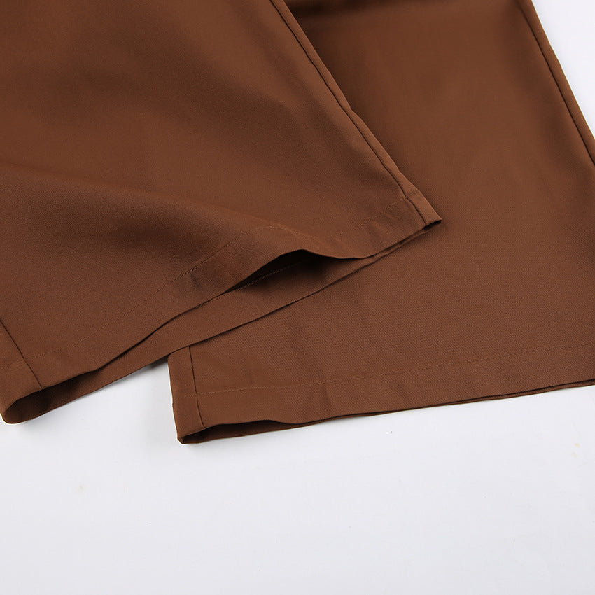 Women Brown Sleeveless Suspender V-Neck Slit Tank Top Long Pants Two-piece Set 17