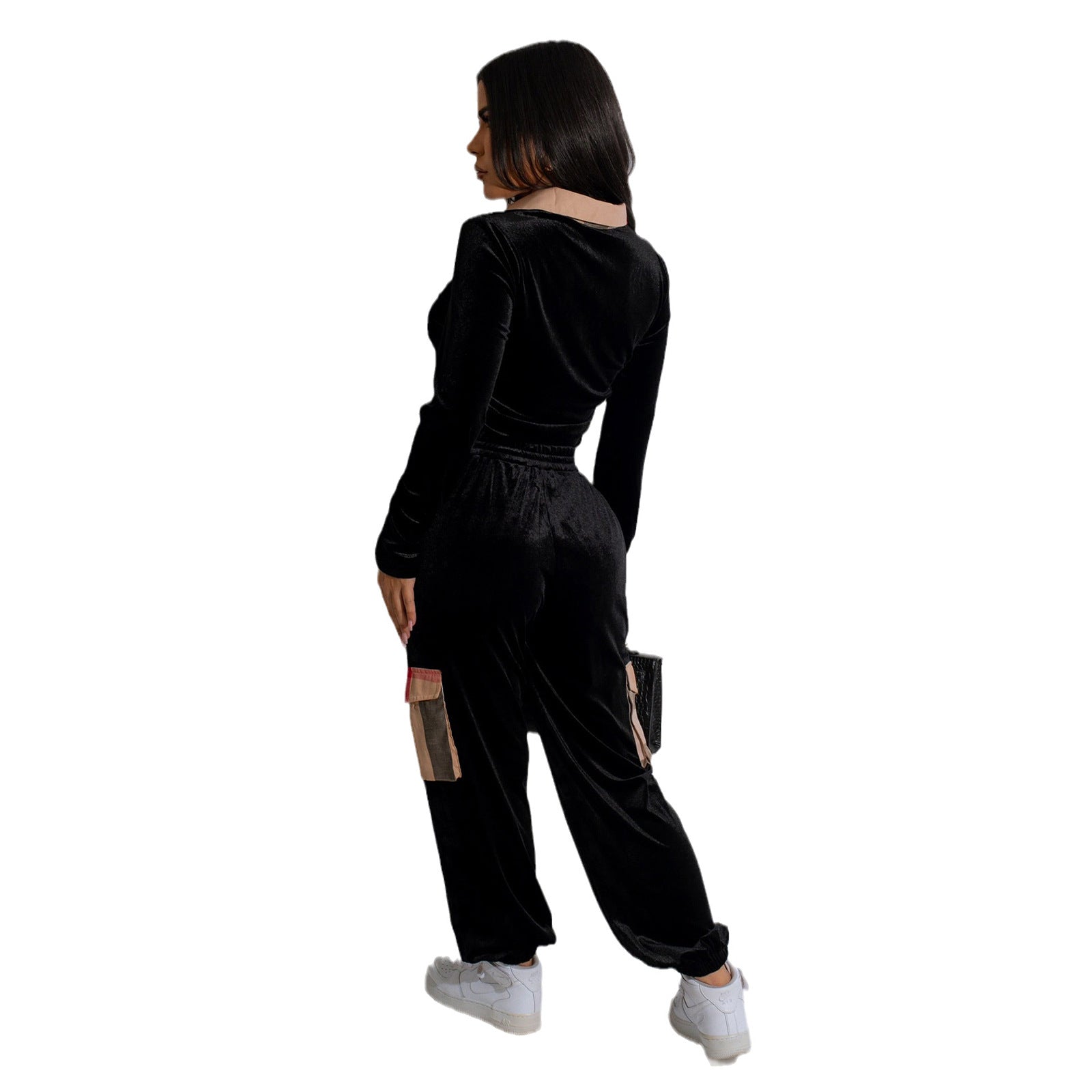 Autumn And Winter Women's Clothing Printed Plaid Patchwork Velvet Long-Sleeved Two-Piece Trousers Set 5