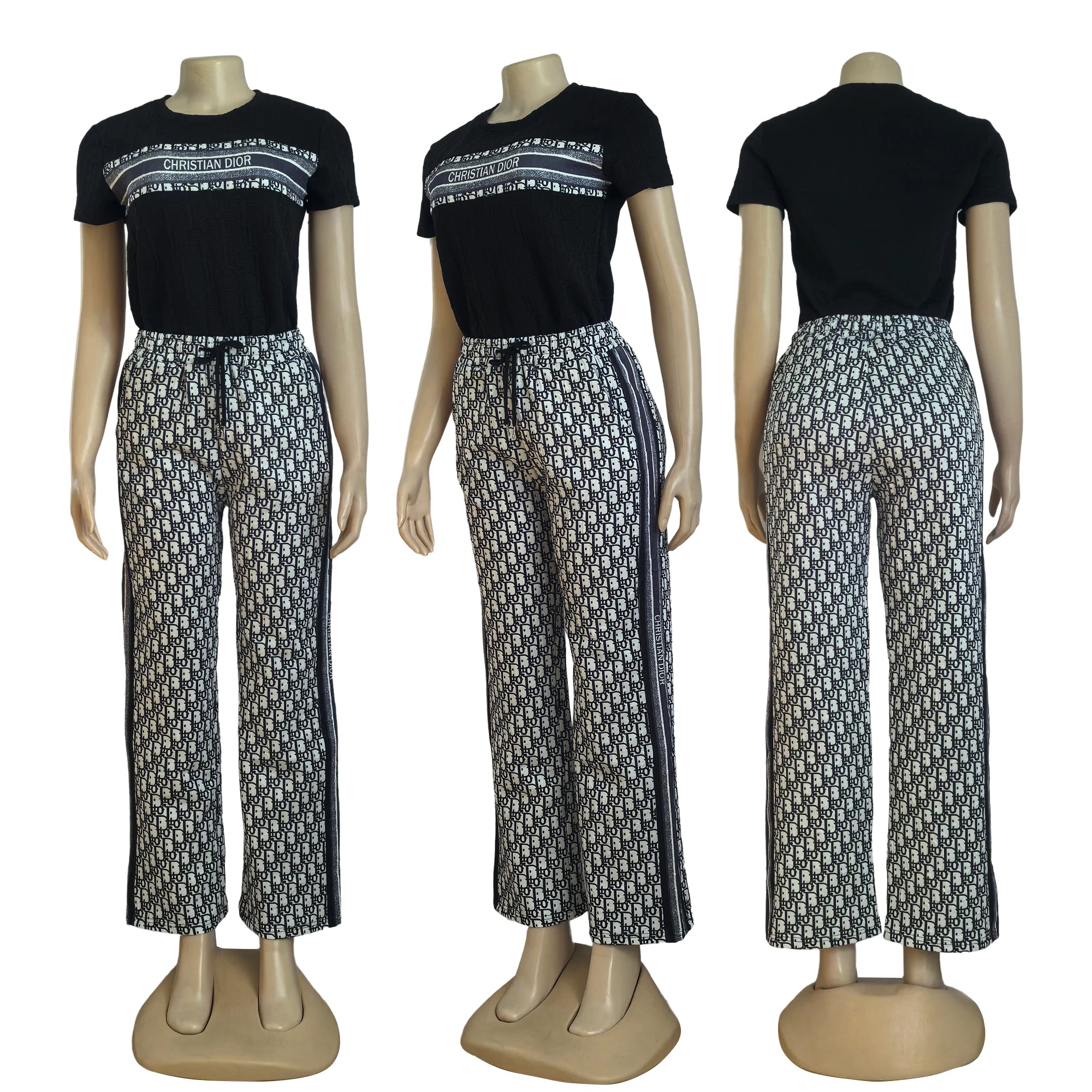 Women  Summer Casual Jacquard Short Sleeve T-shirt And Lace Jacquard Wide Leg Pants Two Piece Set 4