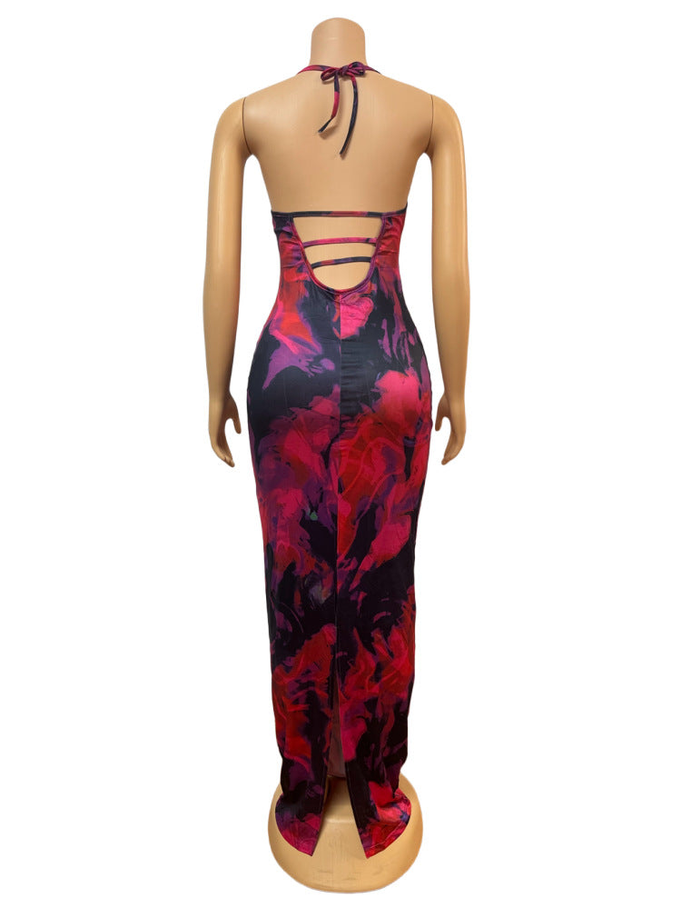 Women printed Halter Neck Lace-Up sexy backless bodycon dress 9