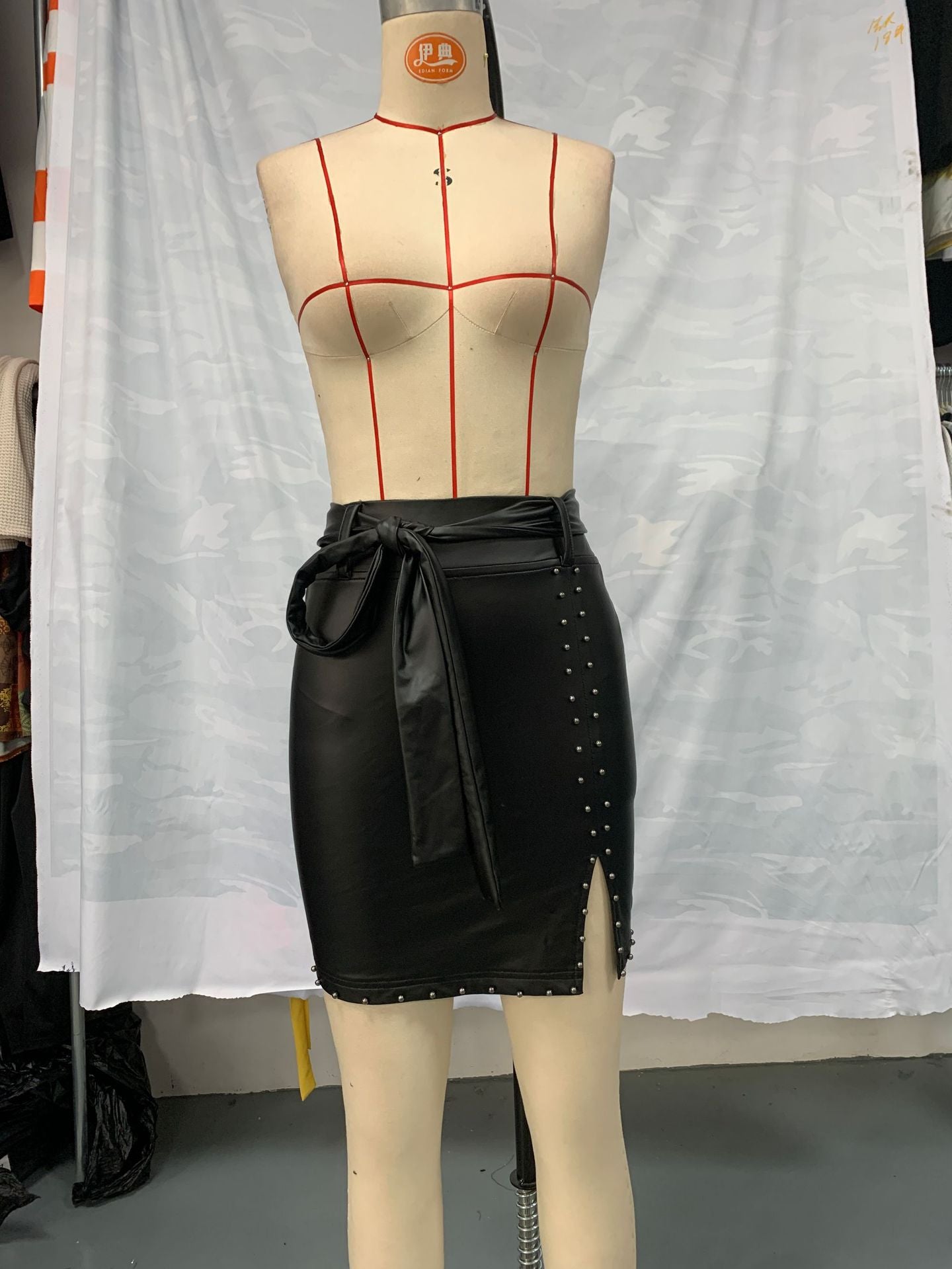 Women Casual Solid Pu-Leather Belt Zipper Bodycon Skirt 15