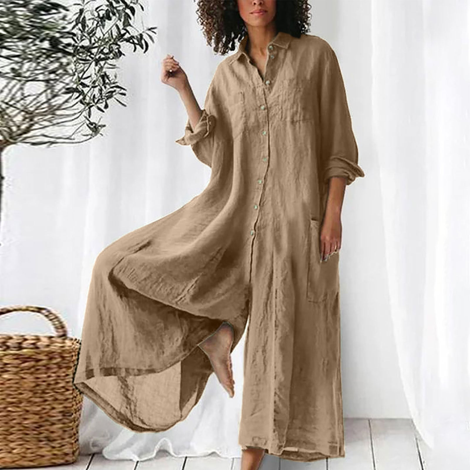 Solid color Casual long sleeve loose Women Linen Jumpsuit 11