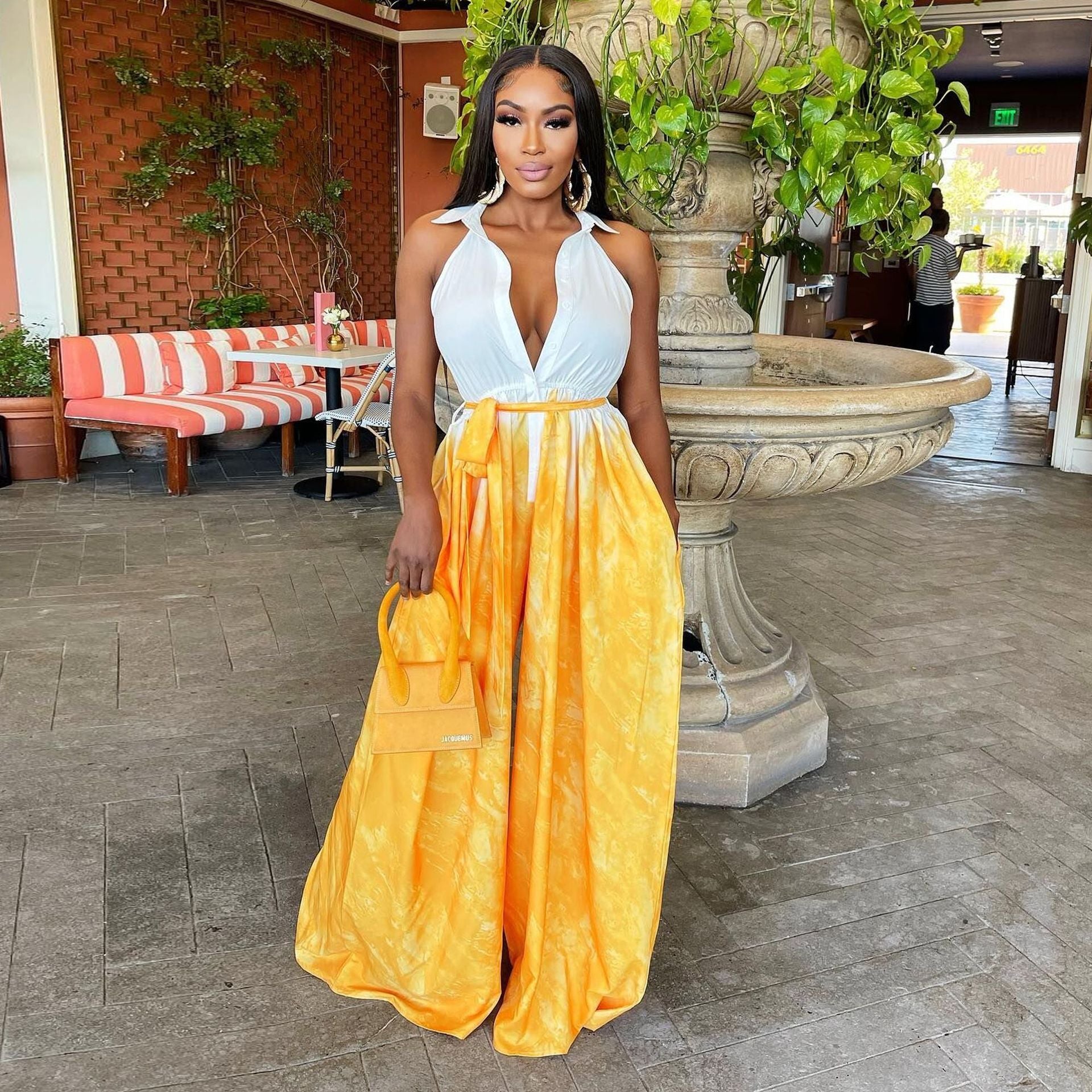 Women Sexy Print Shirt Collar Wide Leg Lace-Up Jumpsuit 5