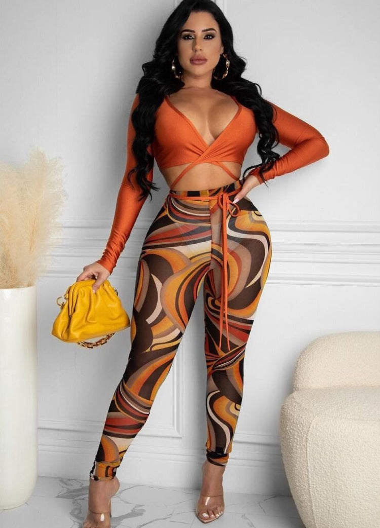 Fall Sexy Orange Wrap Tied Long Sleeve Crop Top and Printed Tight Pants Set