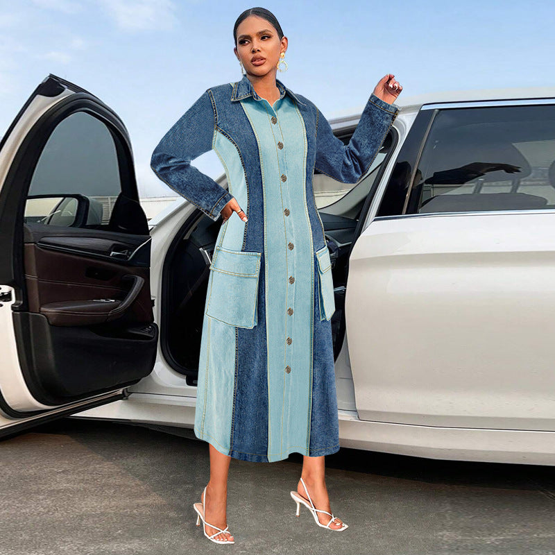 Plus Size Women's Denim Patchwork Turndown Collar Long Sleeve Long Dress