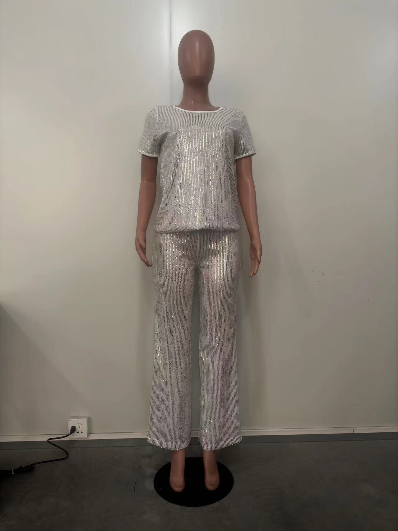 Women Spring Summer Sequin Solid Short Sleeve Top and Pants Two-piece Set 35