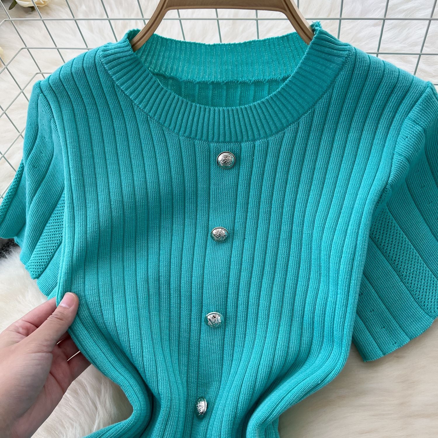 Chic Knitting Round Neck Single-Breasted Short-Sleeved Slim Midi Dress 21