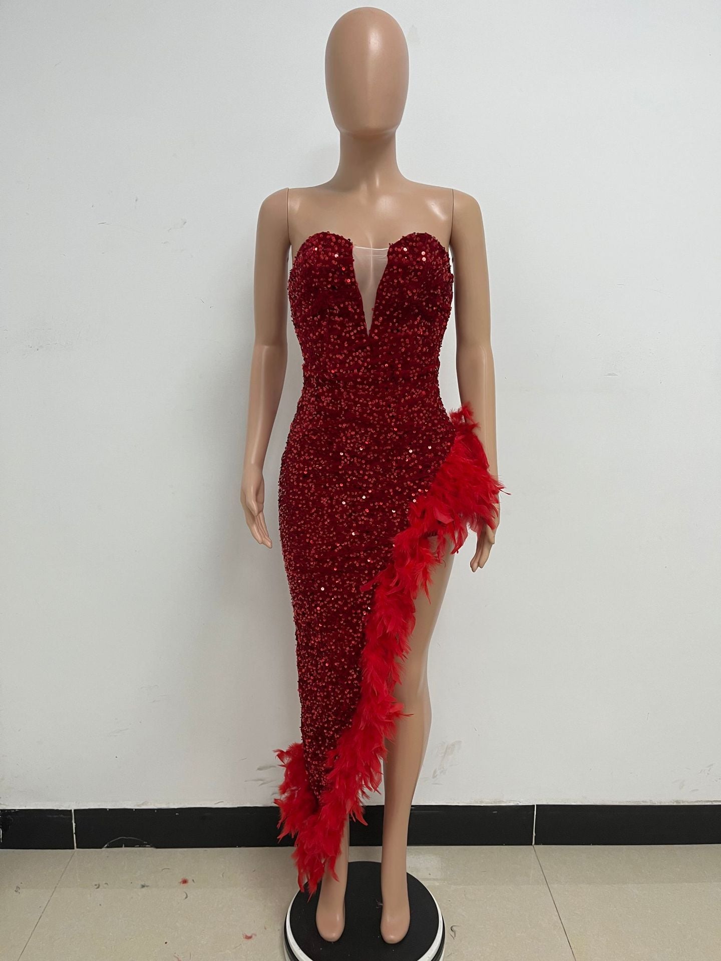 Women Sexy Off Shoulder Backless Sequin Feather Dress 43