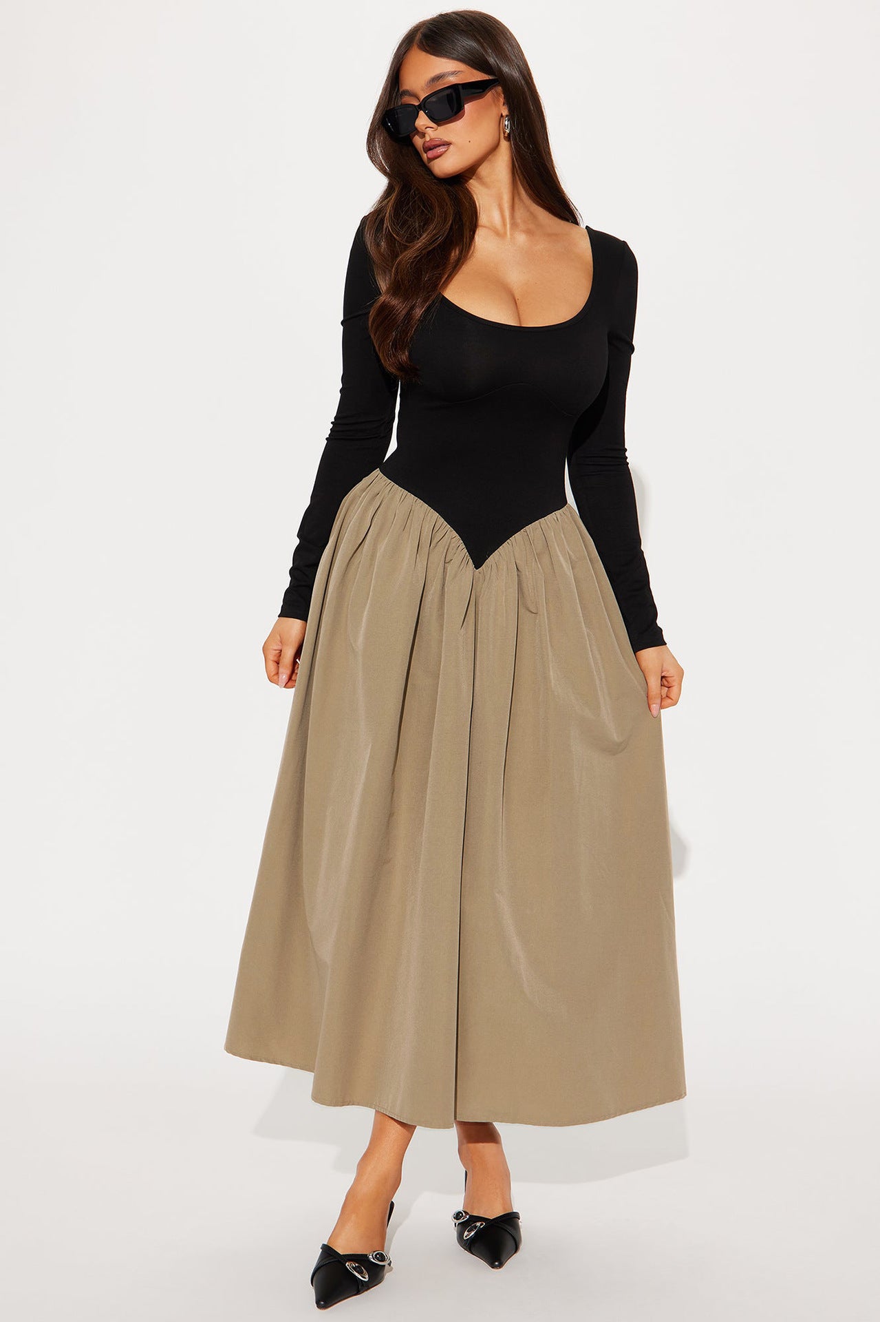 Women Long Dress Elegant Round Neck Backless Patchwork Dress 3