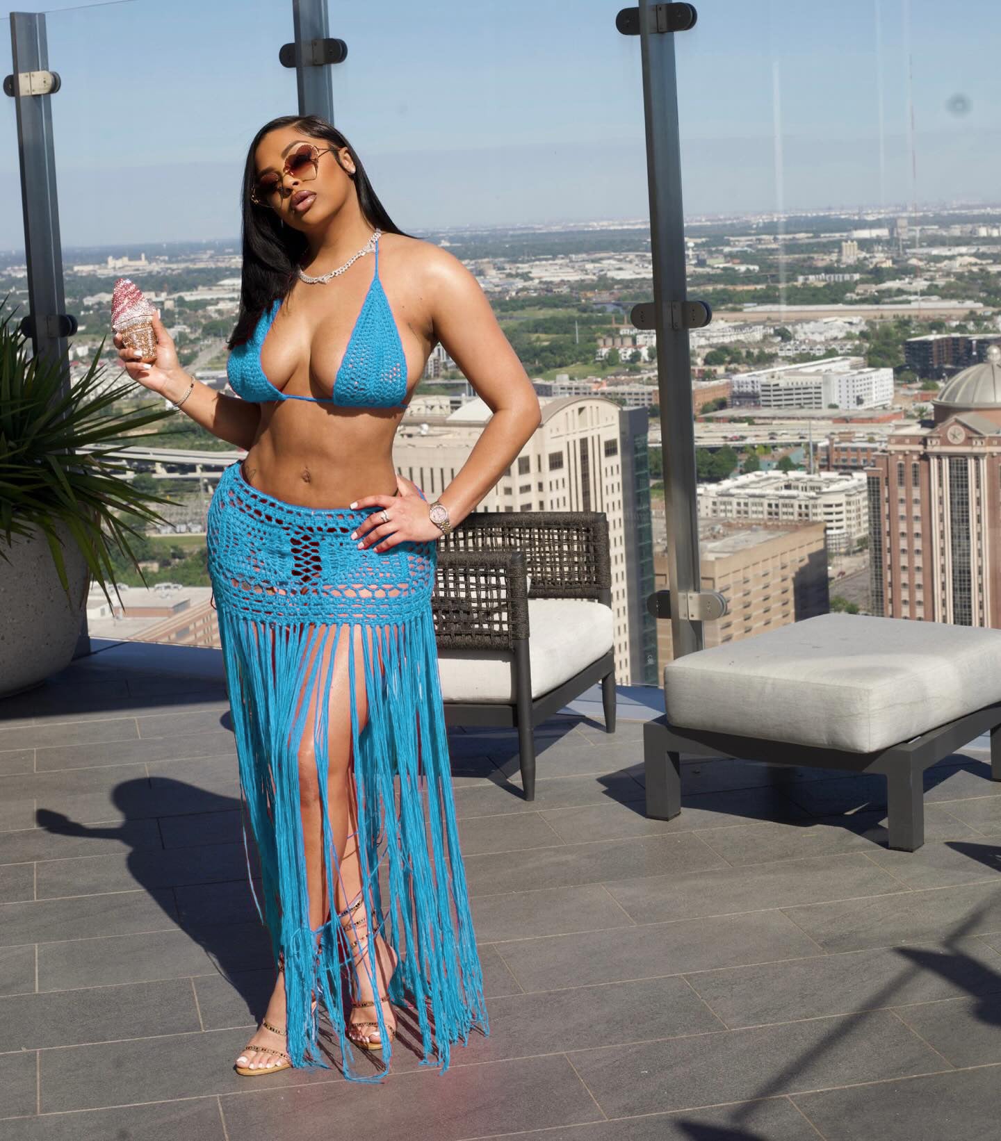 Women's Crochet Solid Color Bikini Top Tassel Beach Skirt Two Piece Set 5