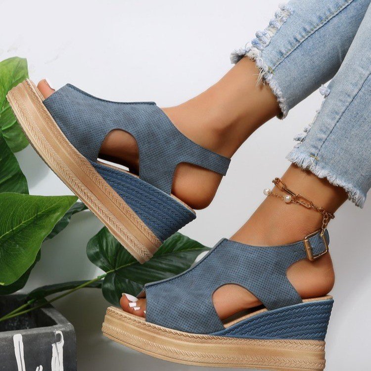 Women Summer Peep-Toe Wedge Open Toe Buckle Strap Roman High Heel Sandals